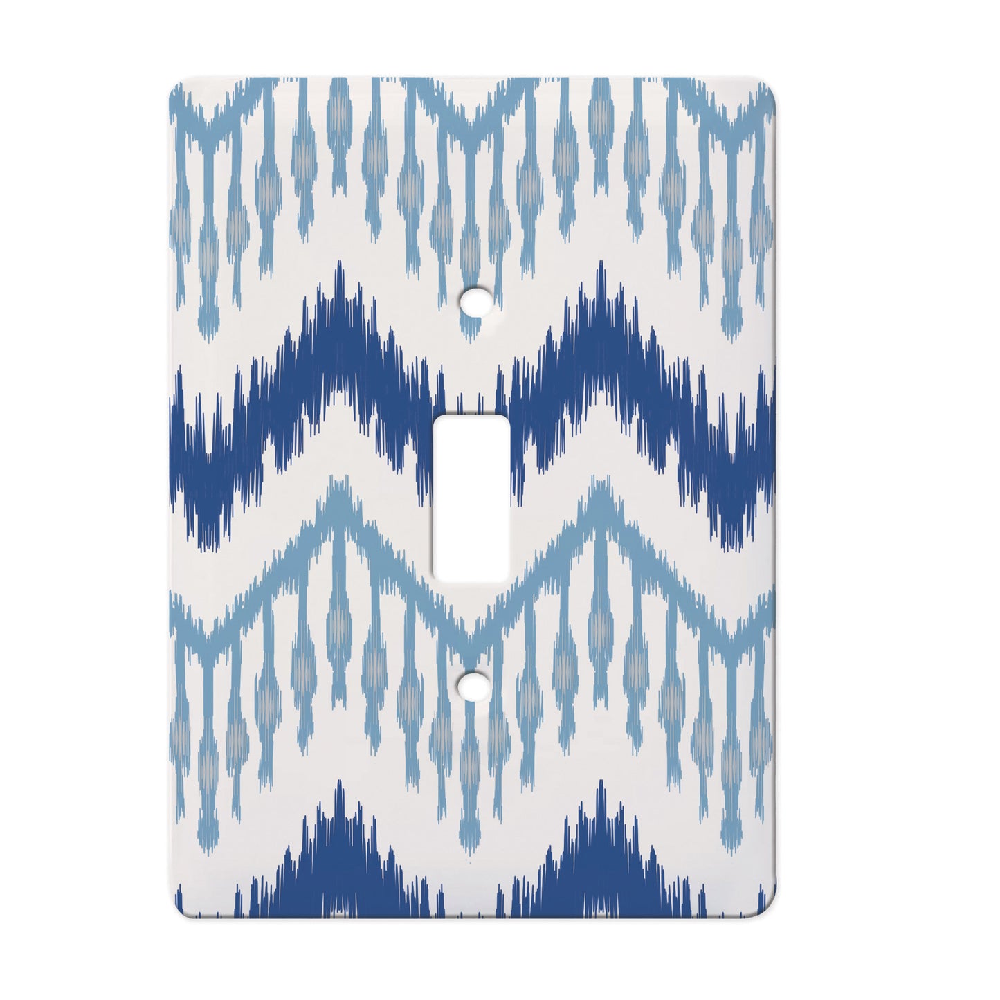 ceramic single toggle switchplate featuring ikat pattern in various shades of blue.