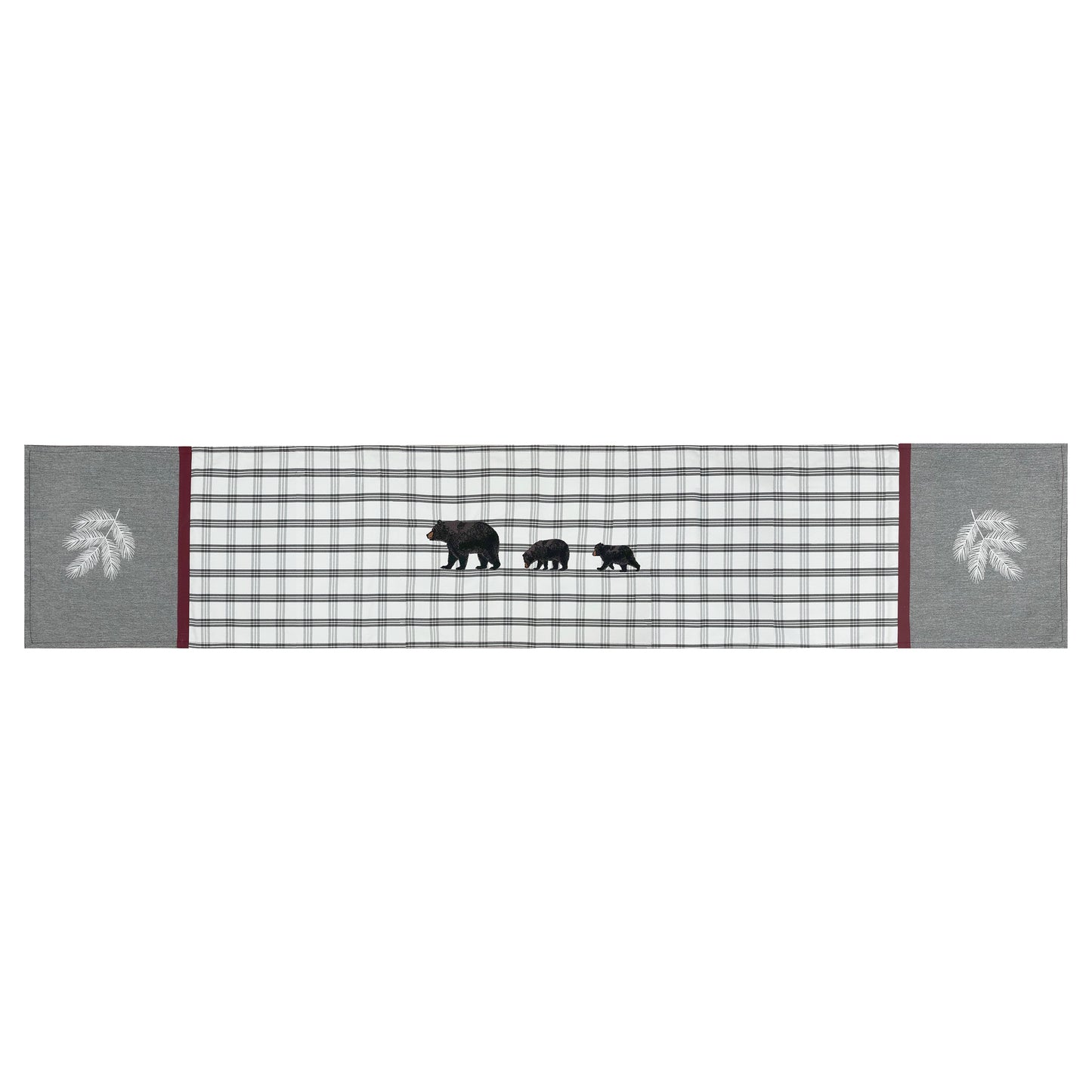 White Runner with grey plaid the middle separated by a red border, grey ends with white pine branches. also featuring 3 black bears in the middle