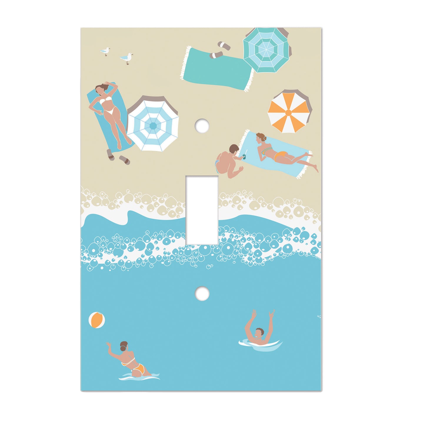 ceramic single toggle switchplate featuring print of beach goers resting on the sand under umbrellas as well as playing with a beach ball in the ocean.