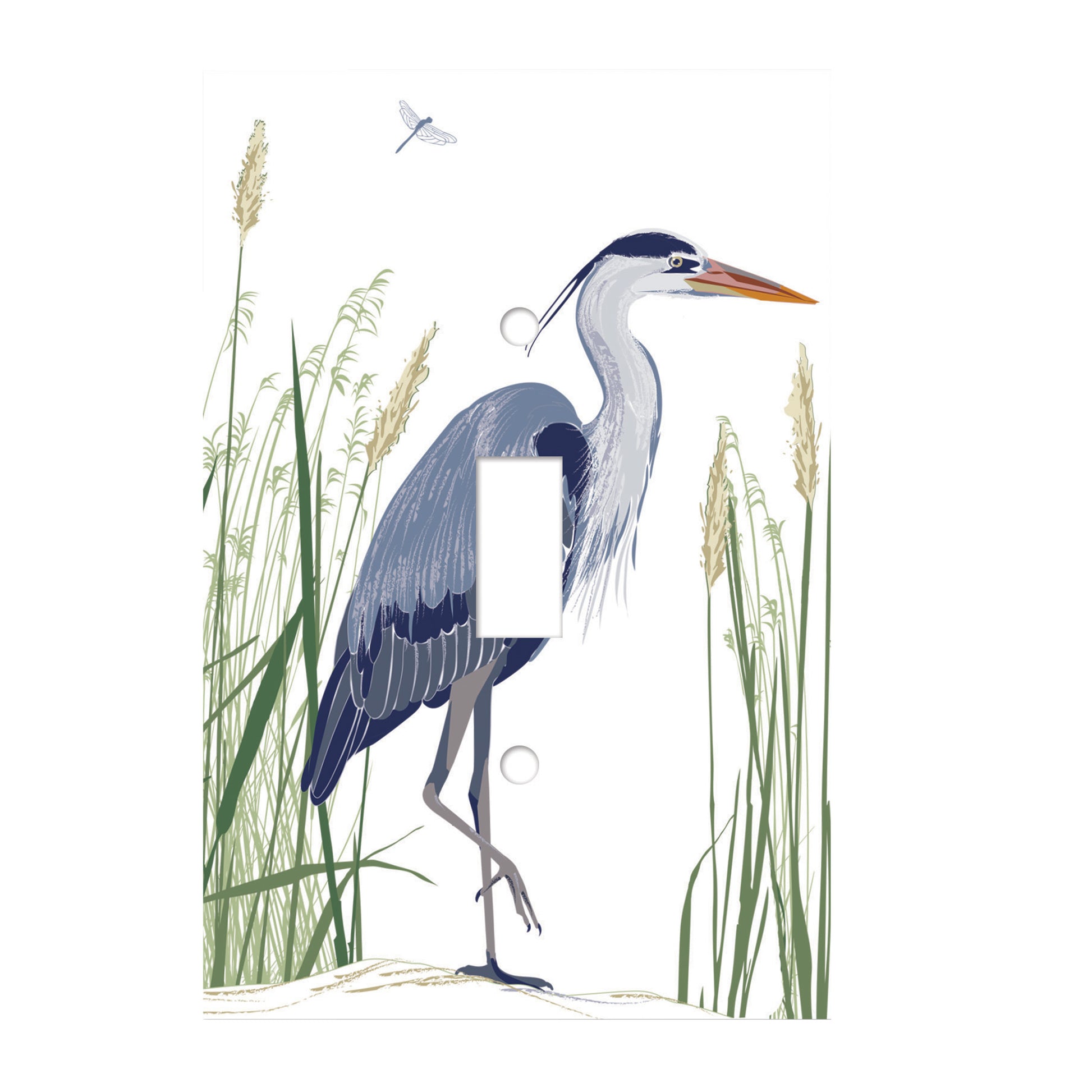 ceramic single toggle switchplate featuring a blue heron standing among grassy reeds. 