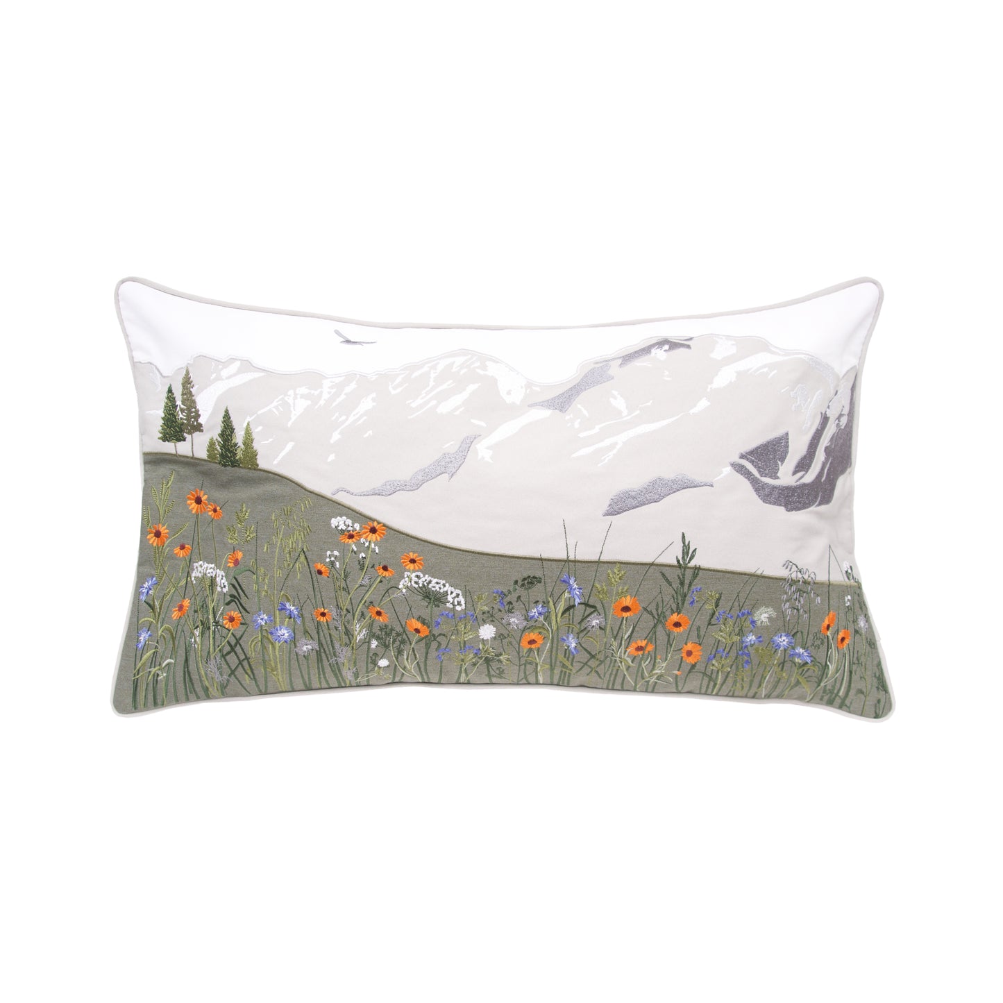White pillow with grey mountains and colorful wildflowers at the for front