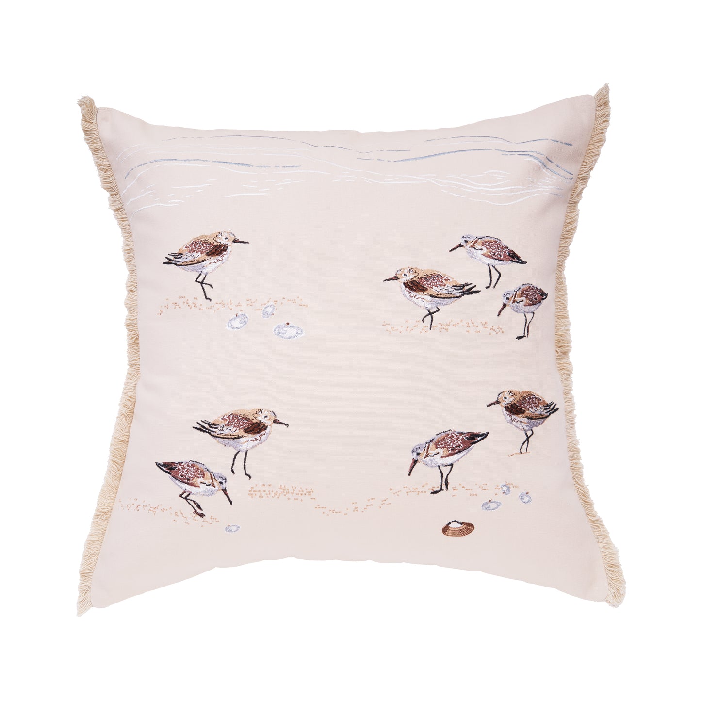 Embroidered sandpipers on an indoor pillow