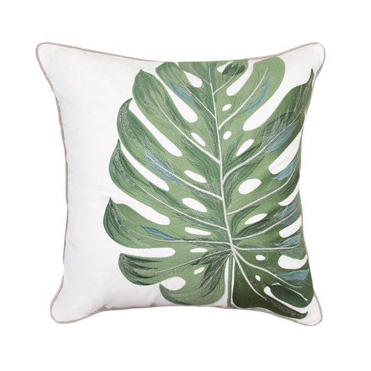 Sage Monstera Leaf Embroidered Indoor Outdoor Pillow