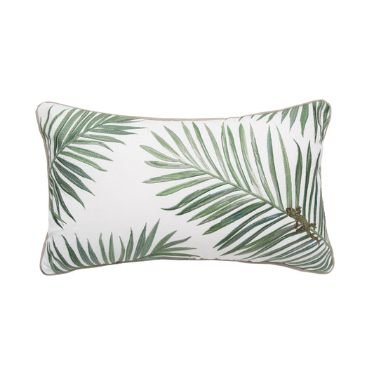 Sage Palm and Lizard Embroidered Indoor Outdoor Lumbar Pillow