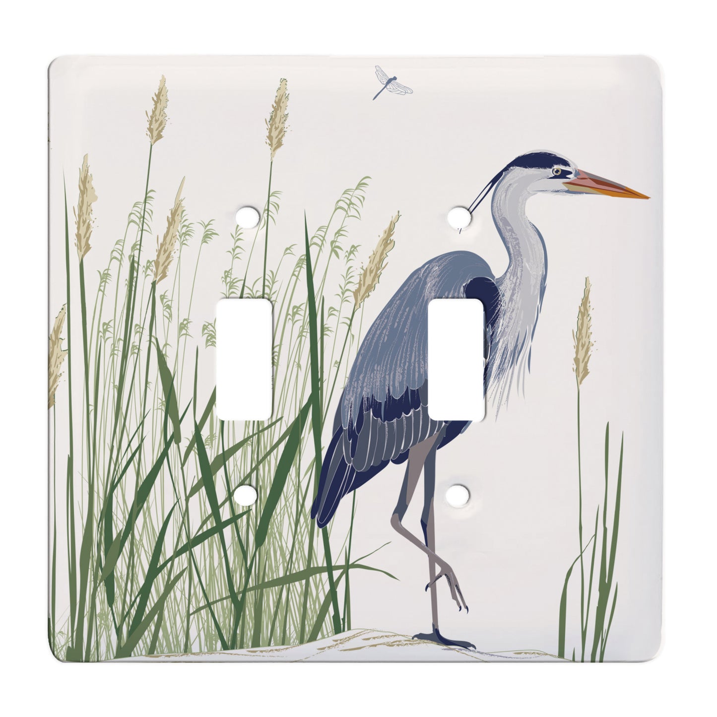 ceramic double toggle switchplate featuring a blue heron standing among grassy reeds.