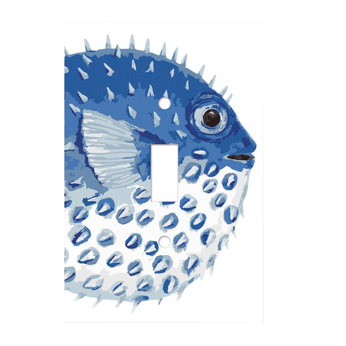 ceramic single toggle switch plate featuring a blue puffer fish facing right.