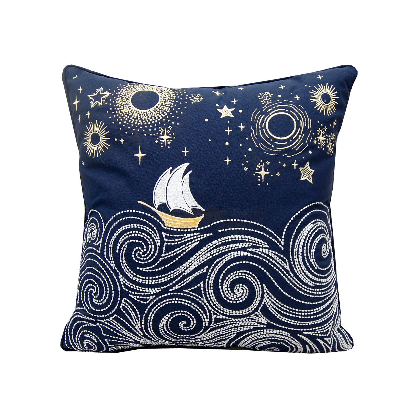 A sailboat riding swirling waves beneath star bursts embroidered on a navy blue background.