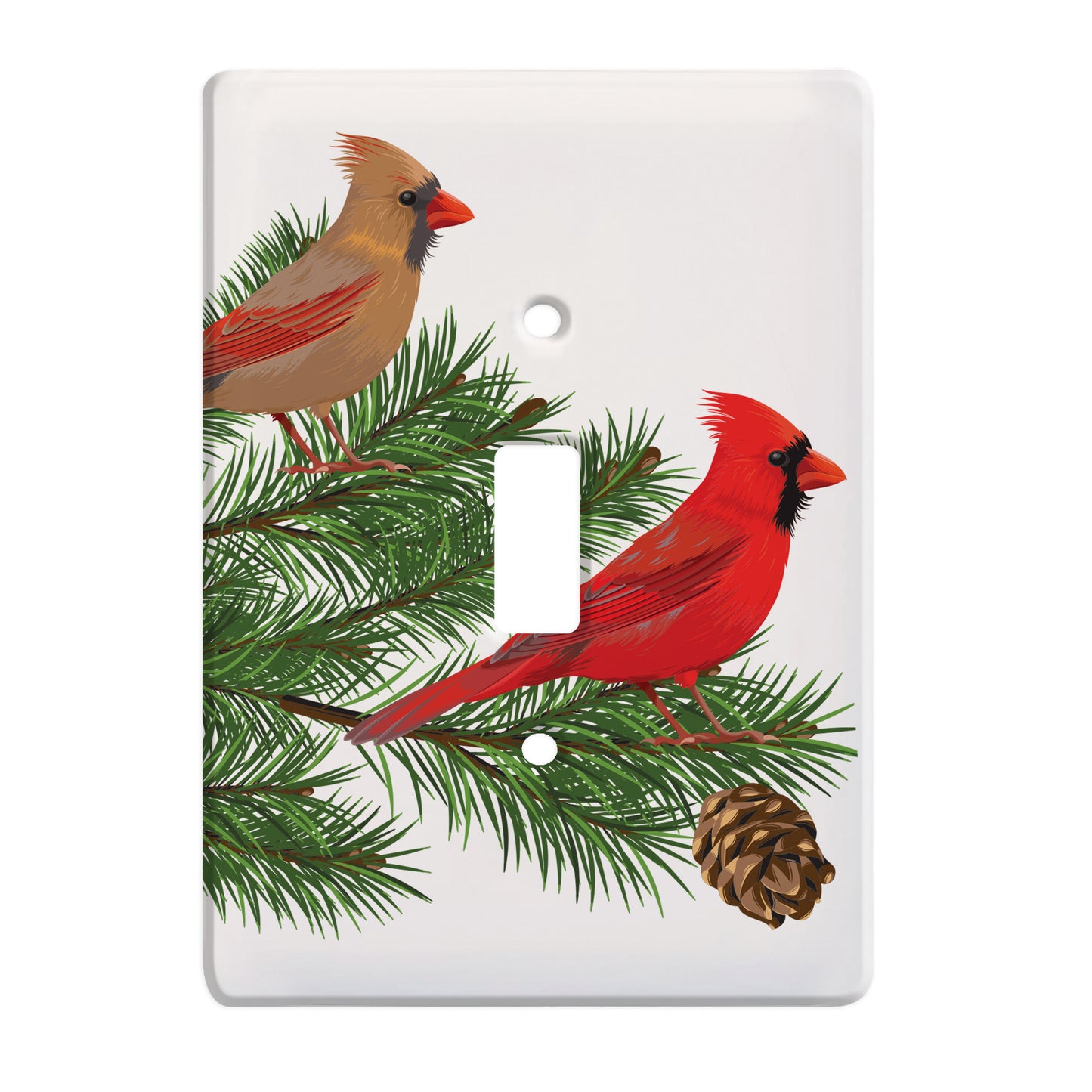 ceramic single toggle switch plate featuring two cardinals sitting upon a pine tree branch.