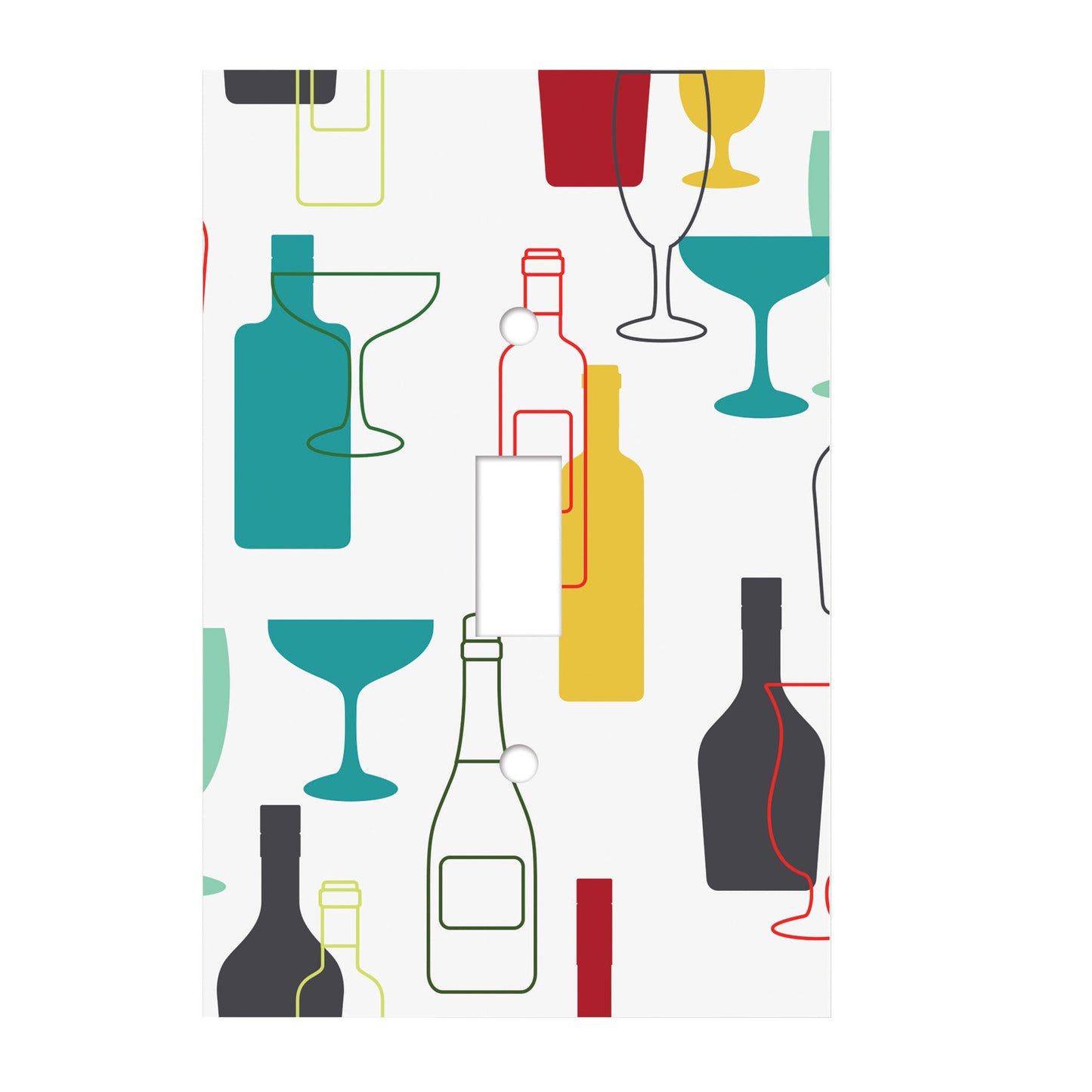 ceramic single toggle switch plate featuring color collage of wine bottles, liquor bottles, martini glasses and wine glasses.