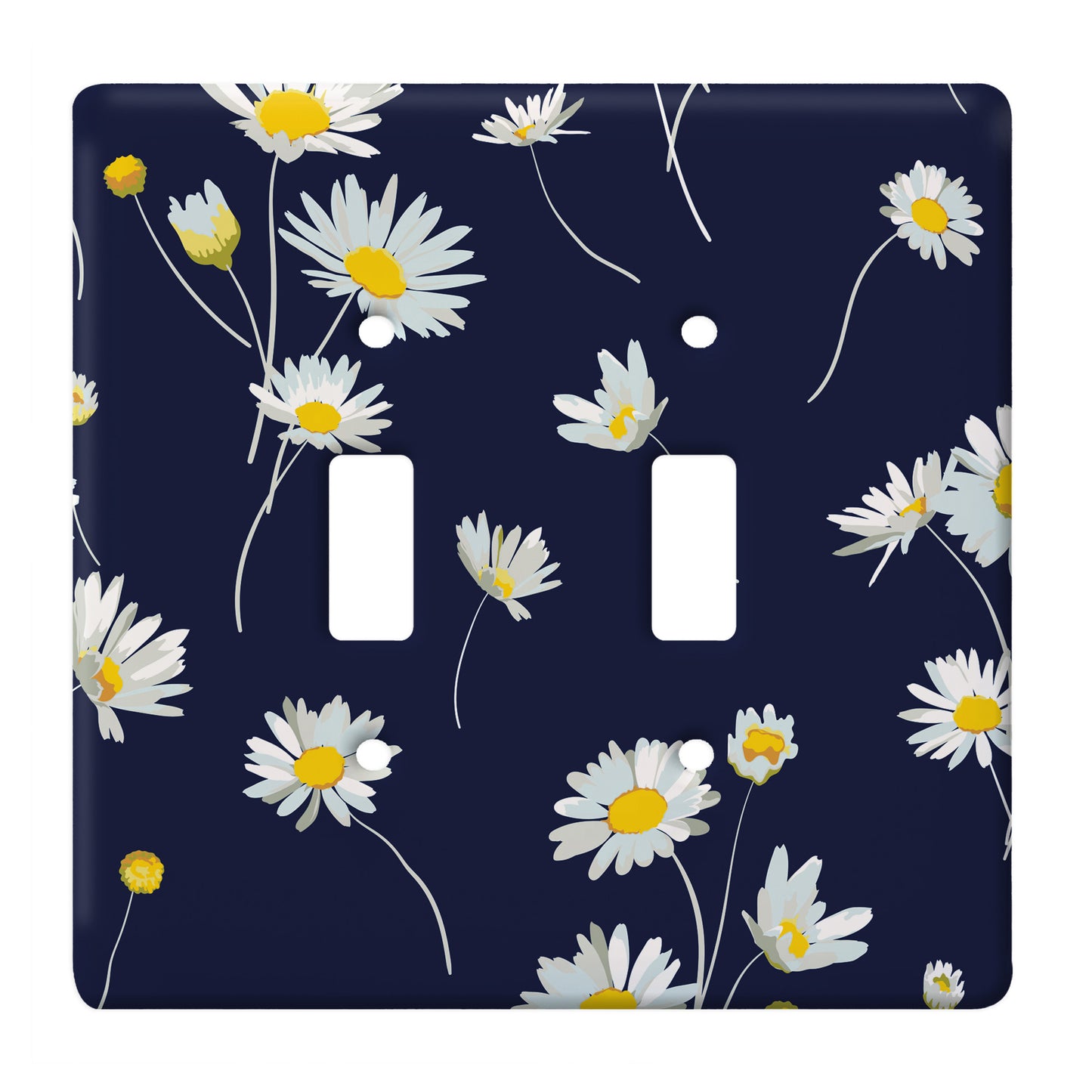 navy blue ceramic double toggle switch plate featuring white daisies.