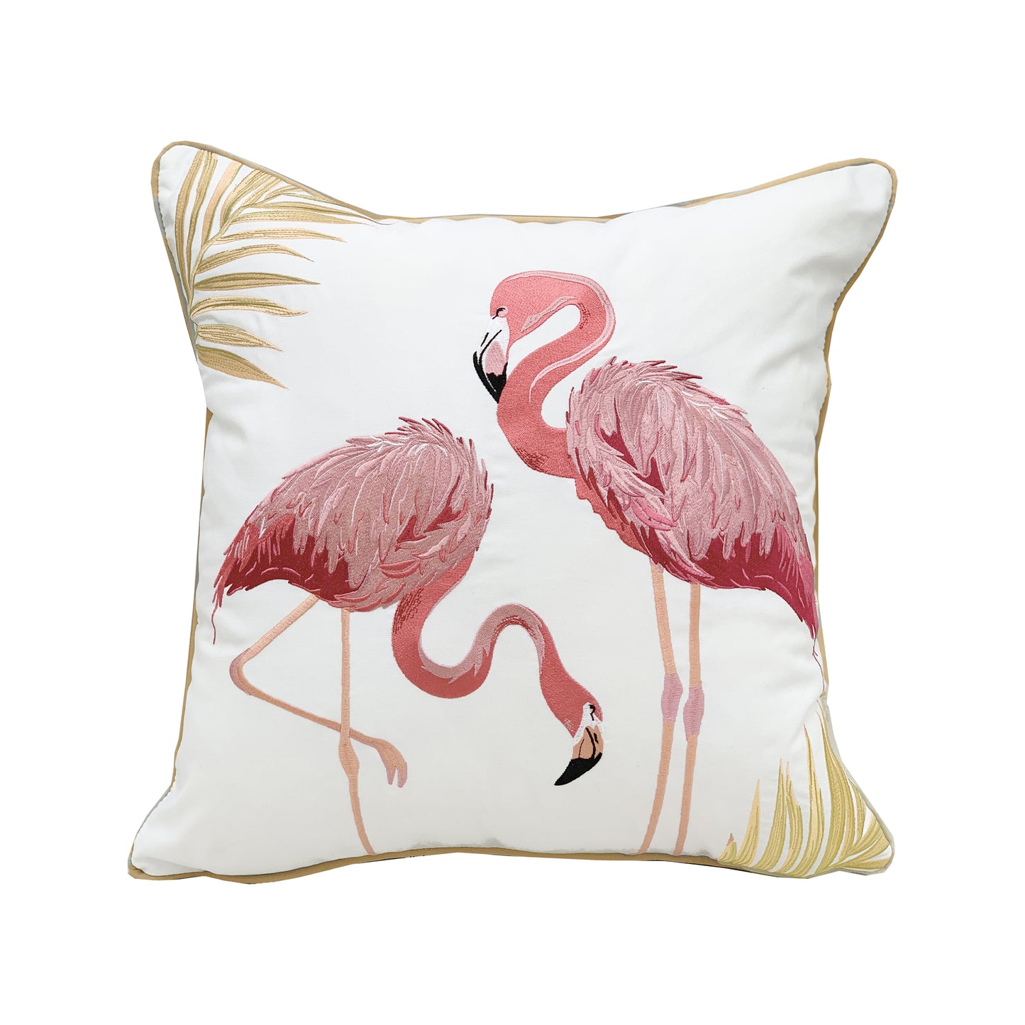 Two pink flamingos flanked by a gold palm leave on the top left and bottom right corners.