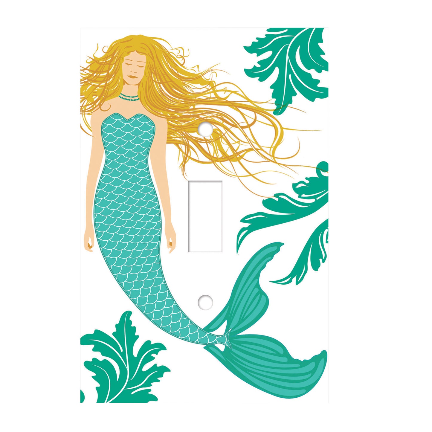 ceramic single toggle switch plate featuring mermaid with green tail and blonde hair as well as green decorative accents.