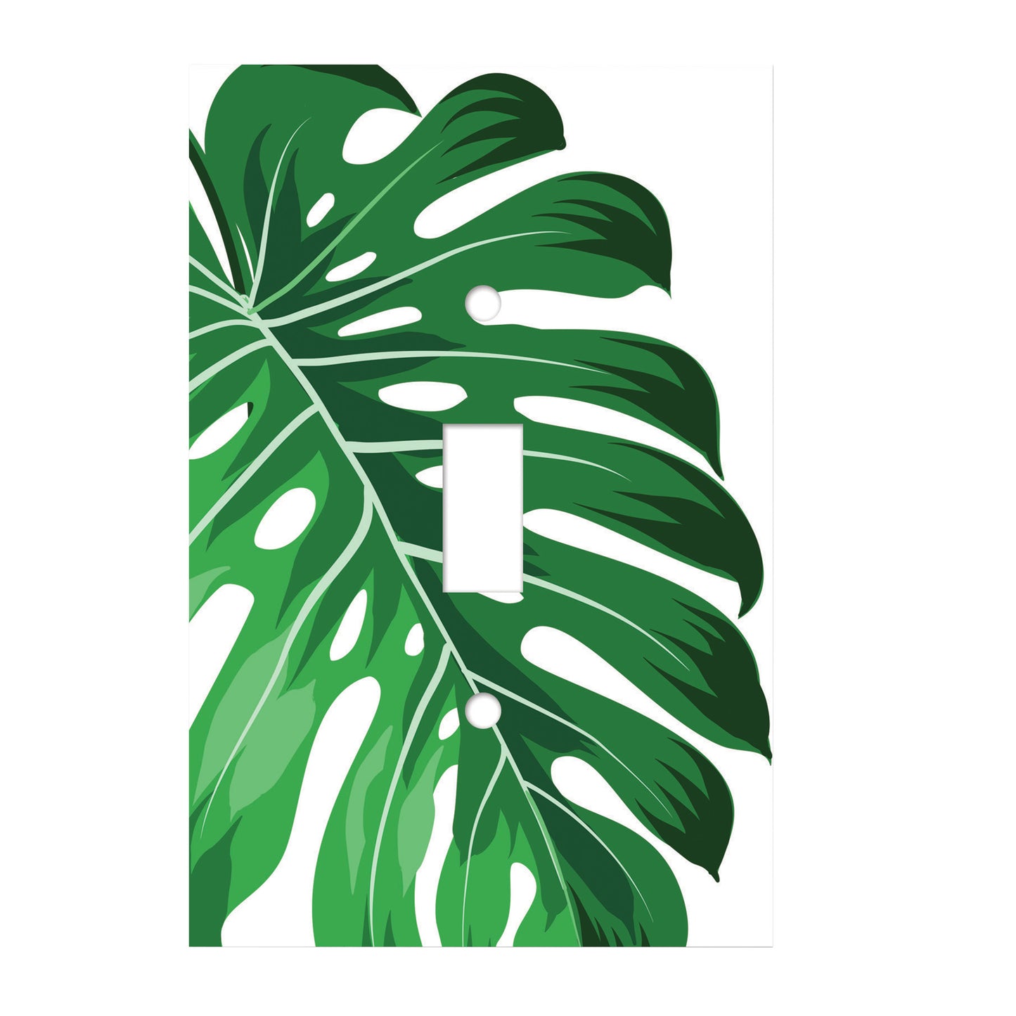 ceramic single toggle switch plate featuring green monstera leaf.