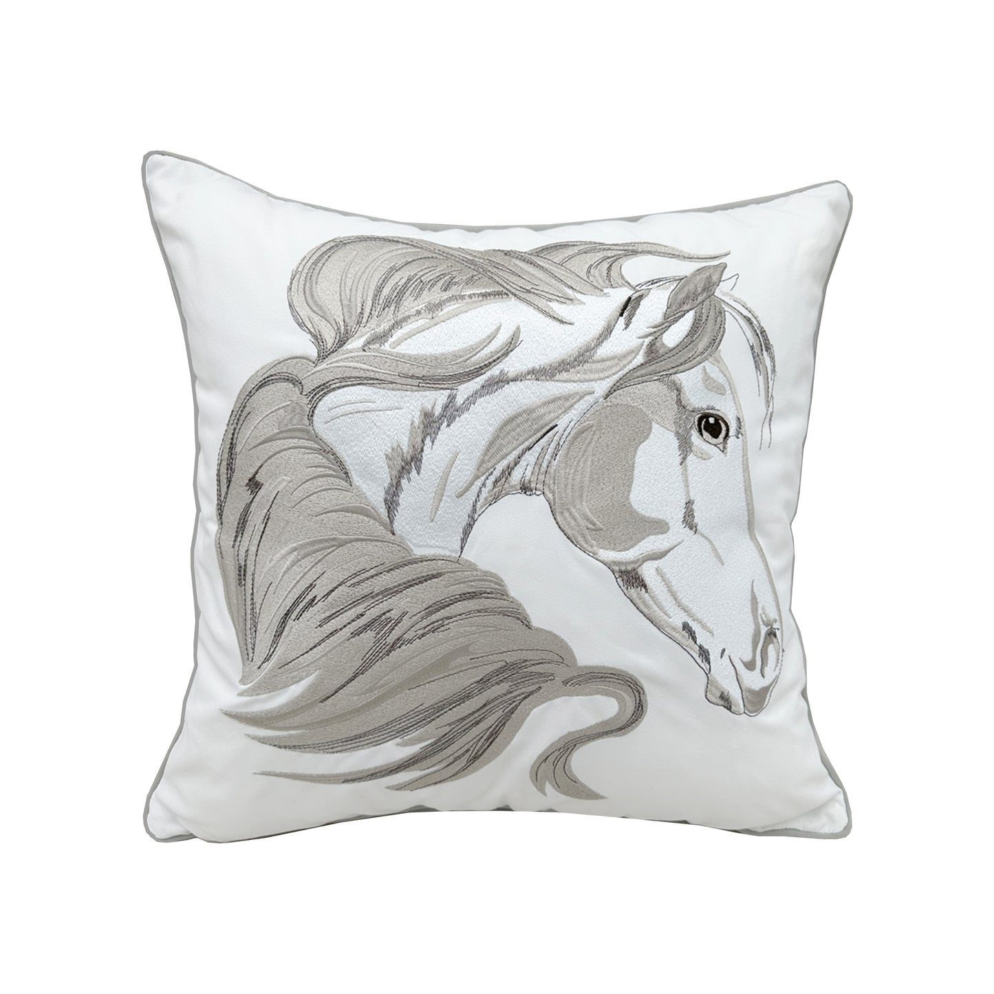 An embroidered horse head looking back.
