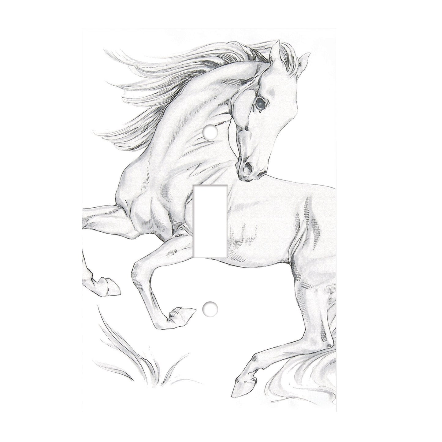 ceramic single toggle switch plate featuring illustrative graphic of a horse