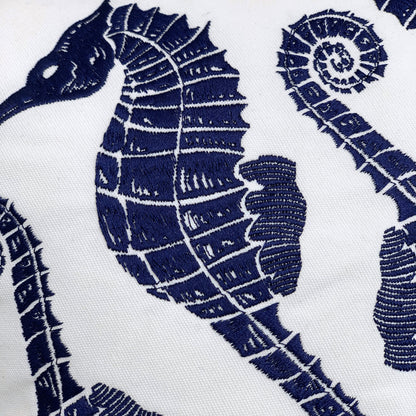 Detail shot of the Indigo Seahorse Pattern pillow.