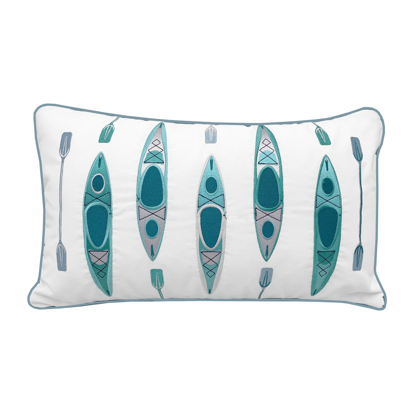 Five teal and grey kayaks embroidered on a white background with their matching pair of oars. Pillow is finished with a grey piped edging.
