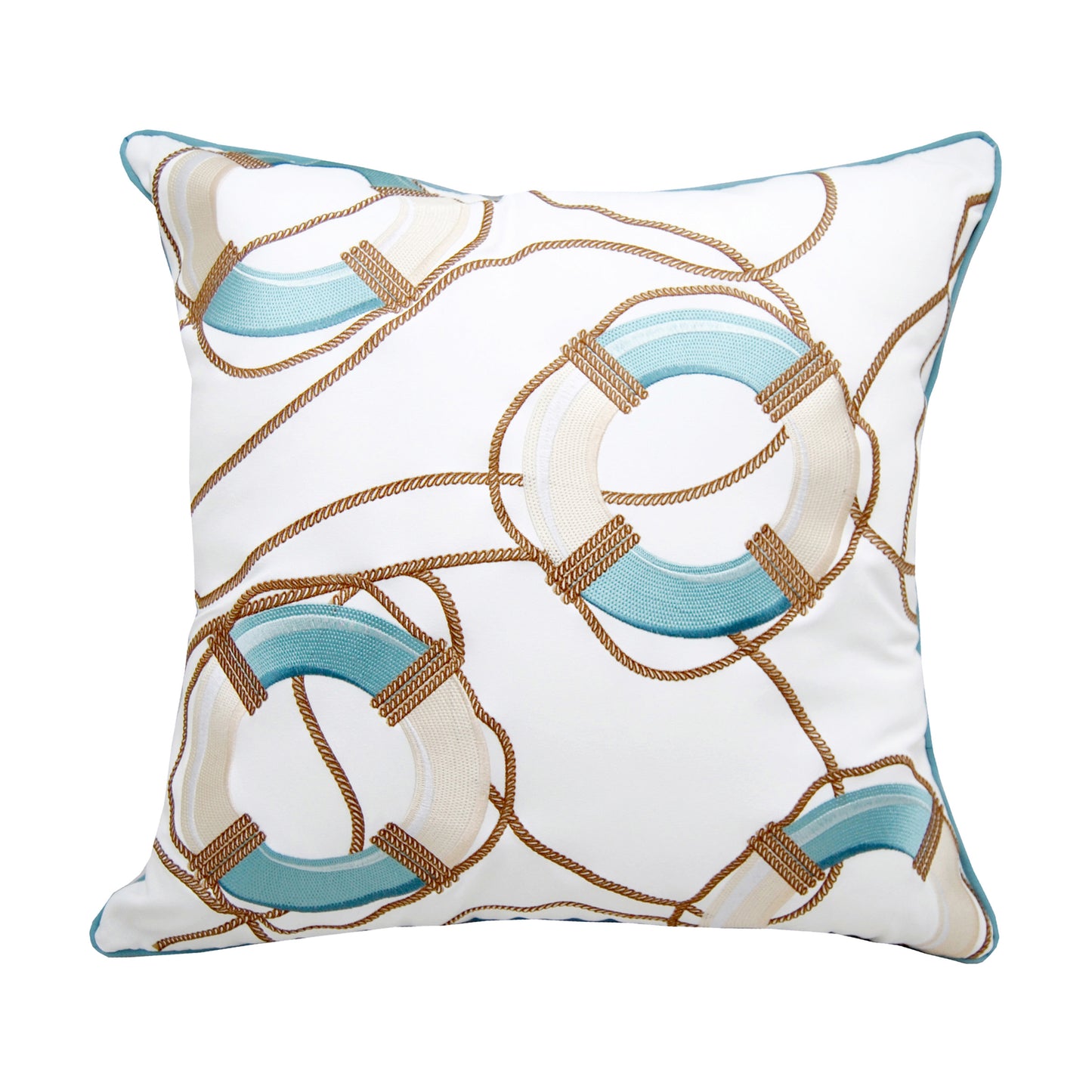 White and blue round life preservers tangled in rope, embroidered on a white background.