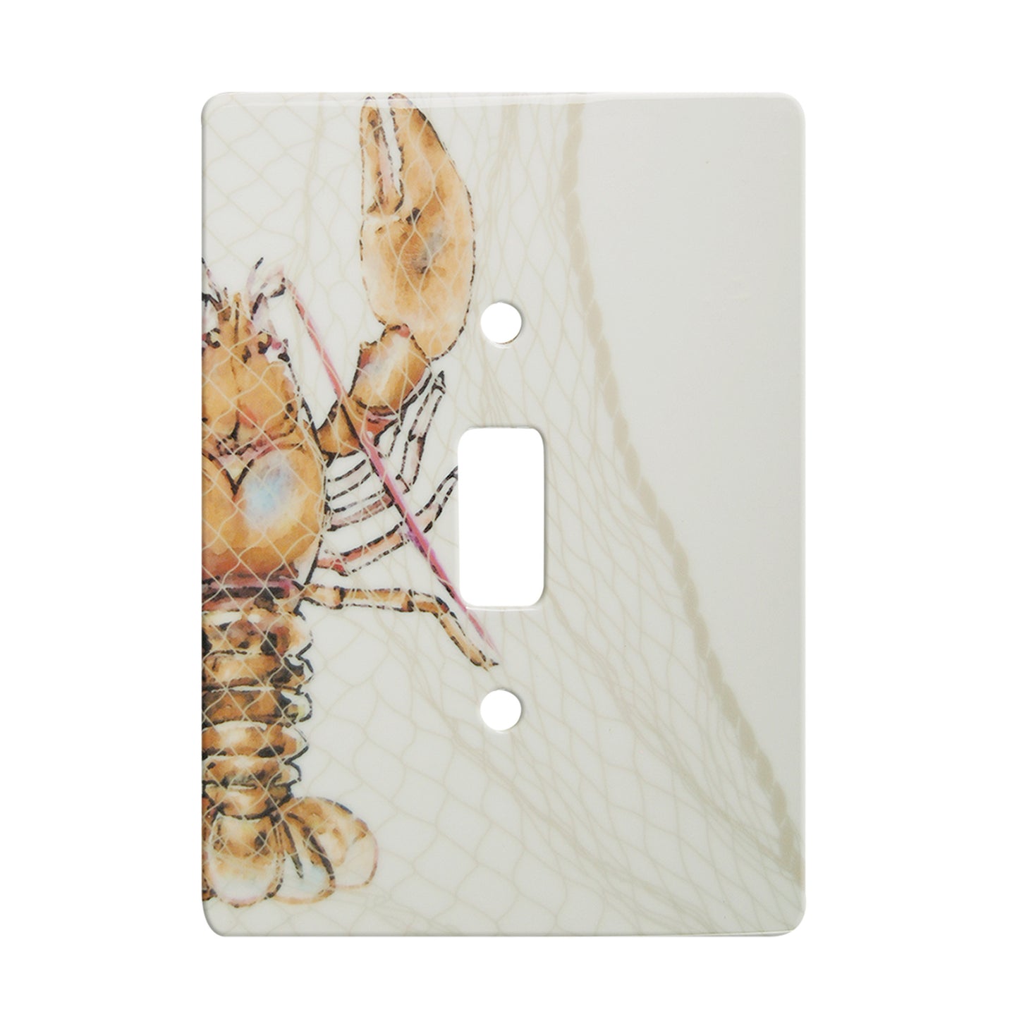 ceramic single toggle switch plate featuring netting and a illustrative graphic of a lobster.