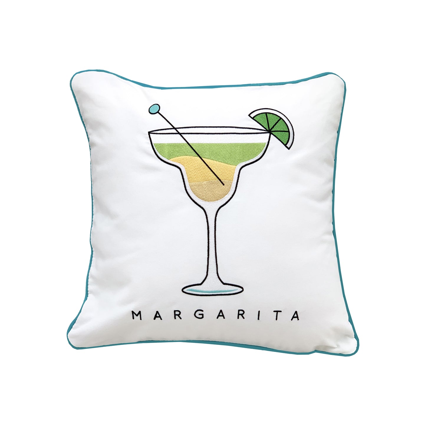 A retro style margarita embroidered on a white background. Pillow is finished with blue piped edging.