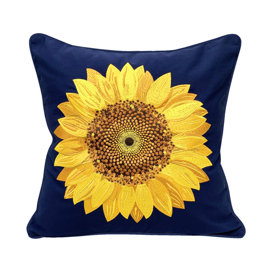 A large yellow sunflower head embroidered on a navy blue background.