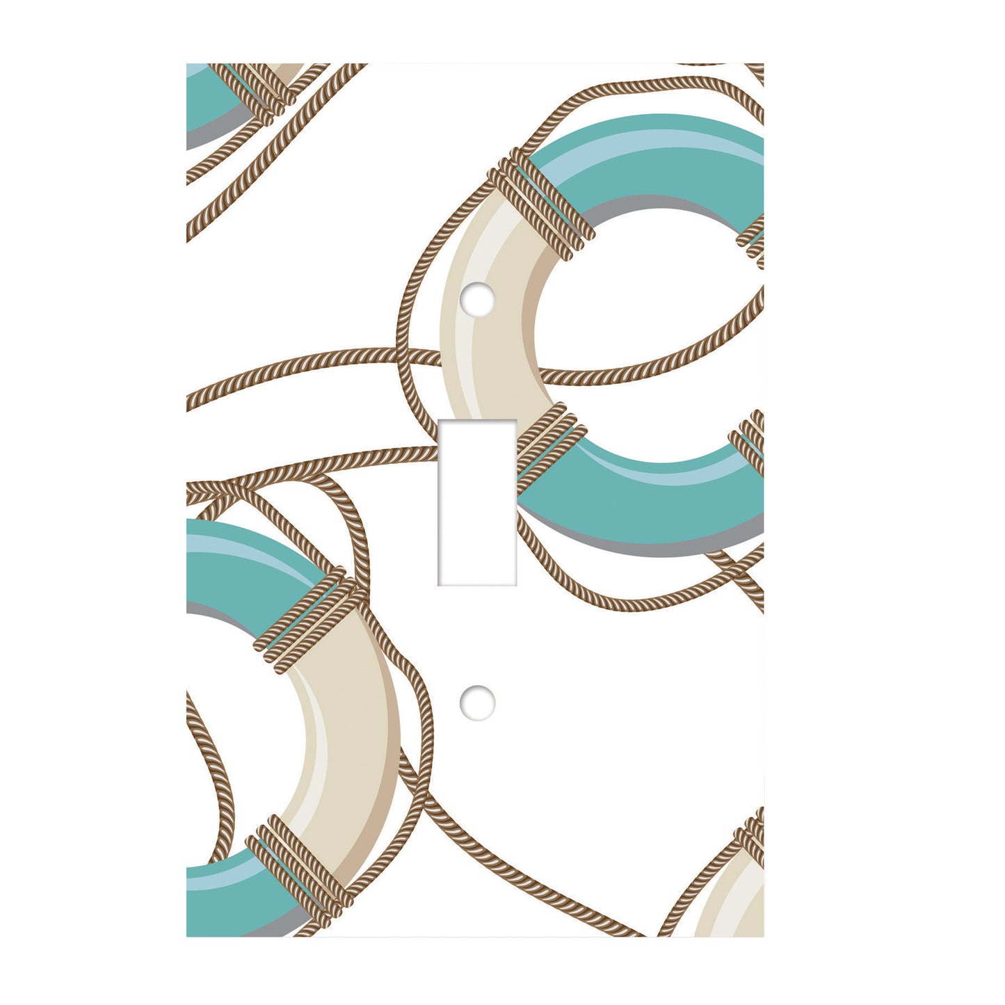 white ceramic single toggle switch plate featuring graphic of ropes and white and teal life preservers.