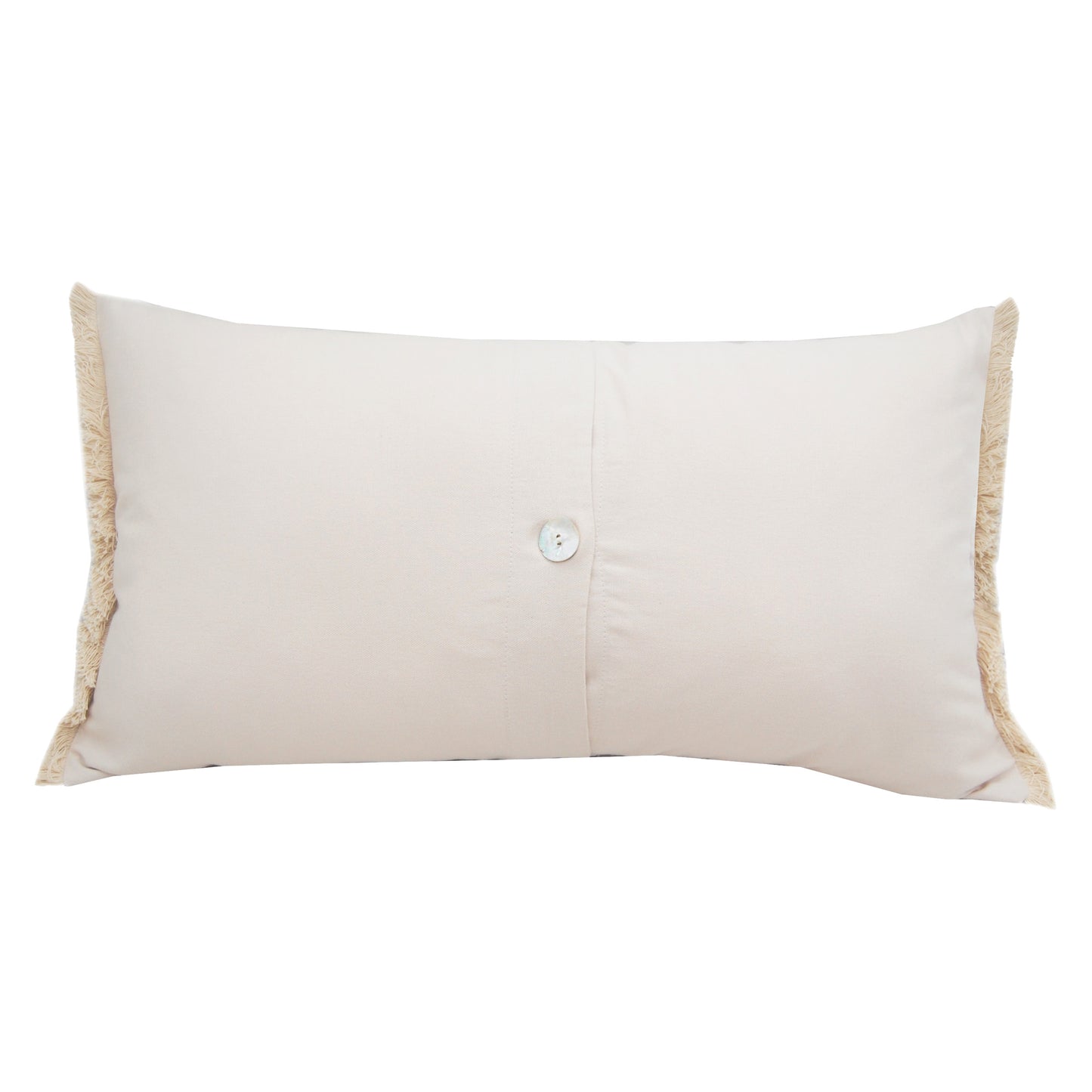 Back side of the Sand and Shells Fringed Lumbar Pillow. Pillow finished with fringed edges and button encloser.
