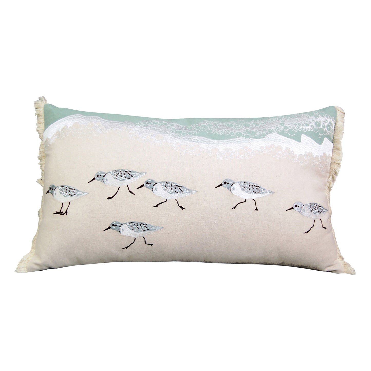 A family of sand piper birds walking along the shoreline embroidered on a lumbar pillow. 