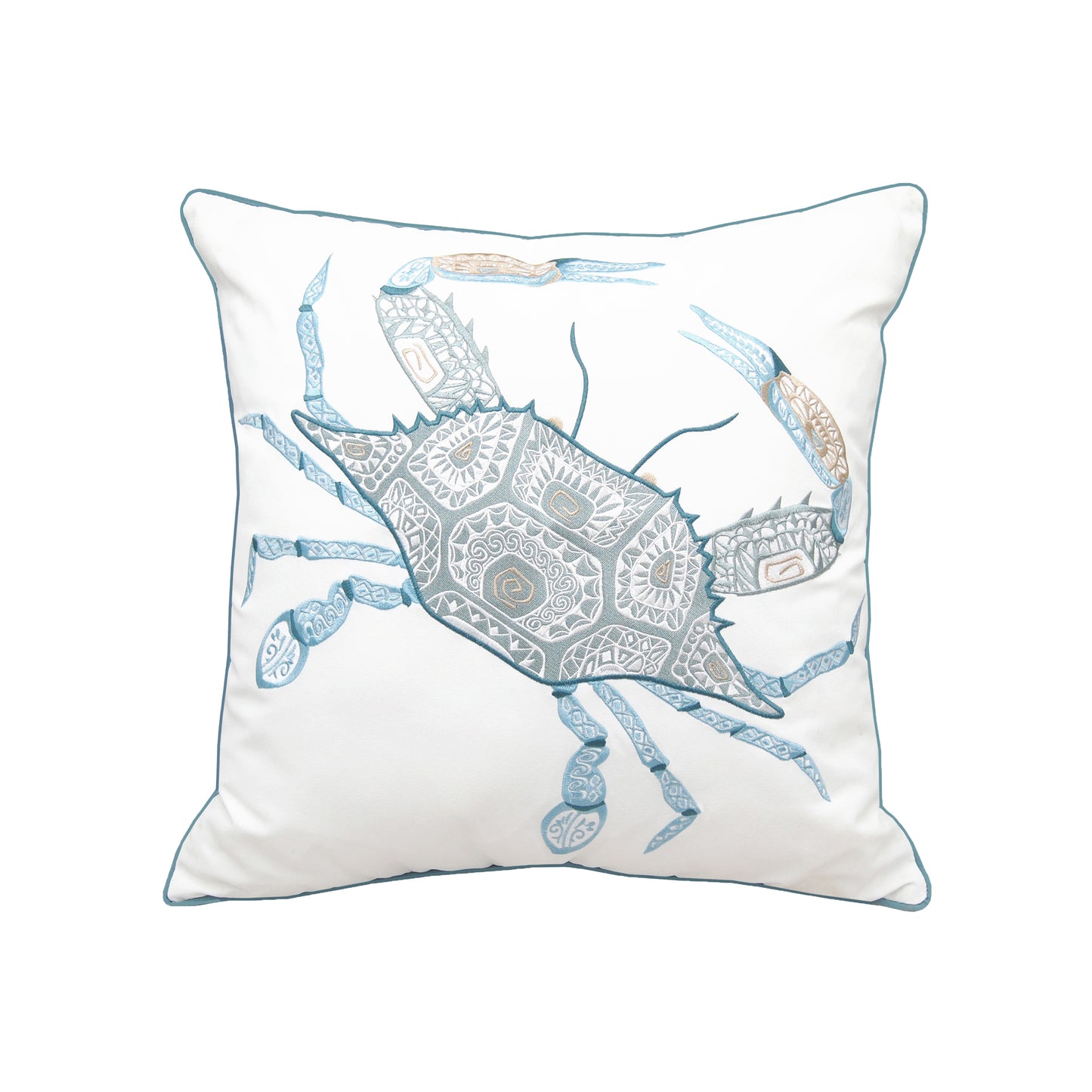 Large blue crab with tribal geometric patterns on its shell and pinchers embroidered on a white background. Pillow finished with blue piped edging.