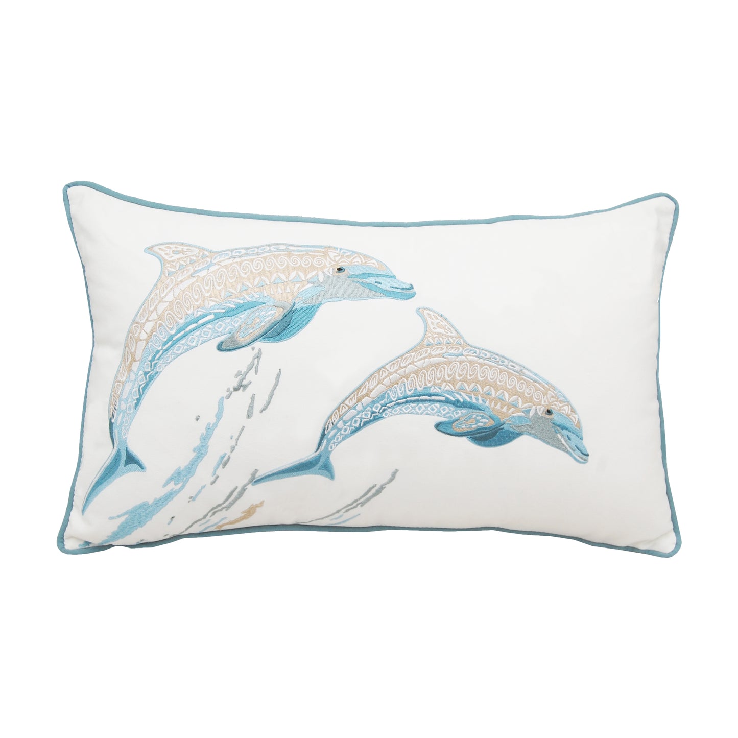 Two dolphins, featuring tribal geometric patterns, jumping above the waves embroidered on a white background.