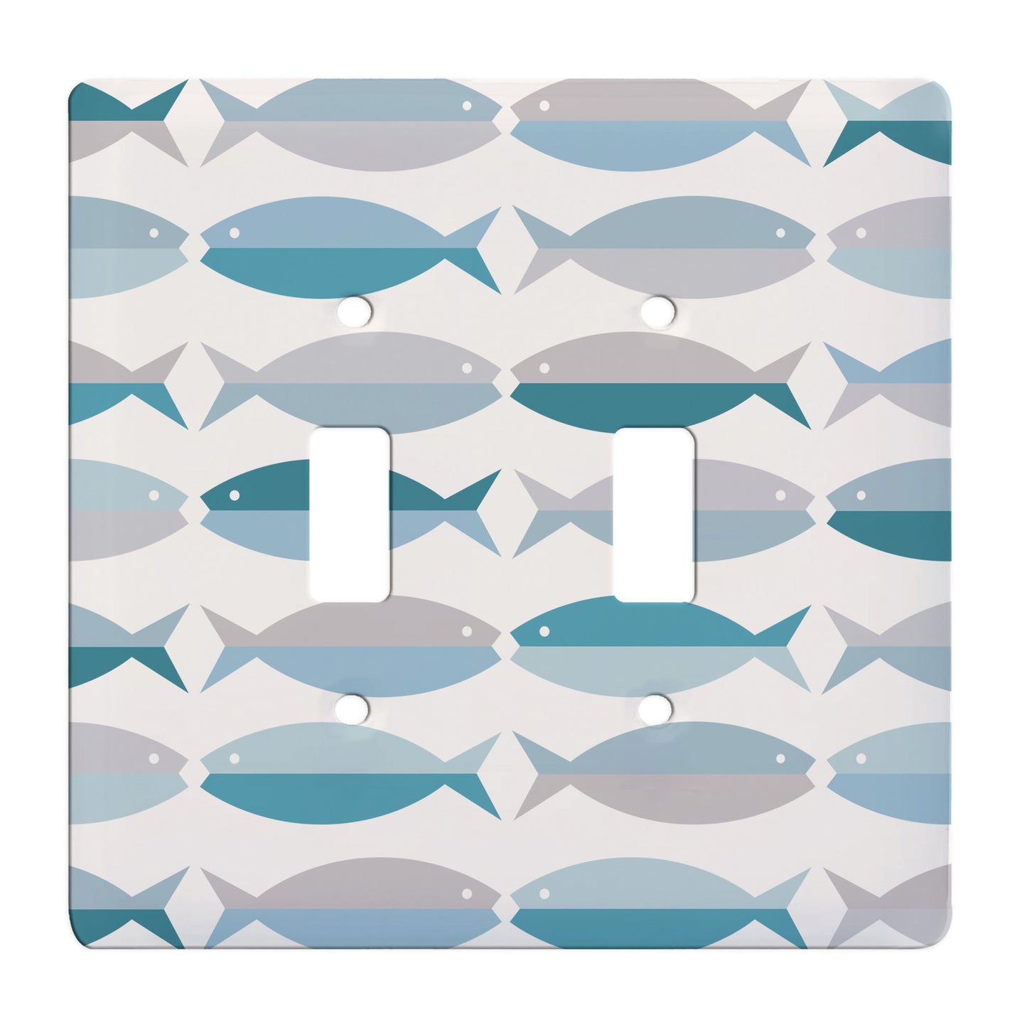 white ceramic double toggle switch plate featuring alternating blue fish pattern.