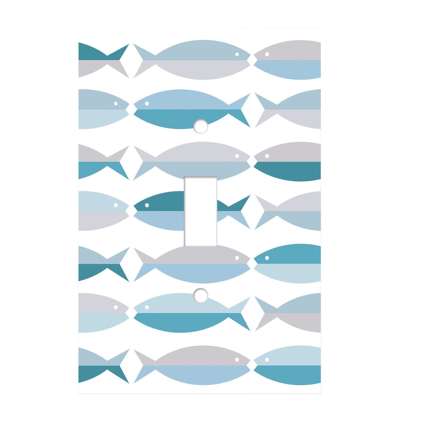 white ceramic single toggle switch plate featuring alternating blue fish pattern.