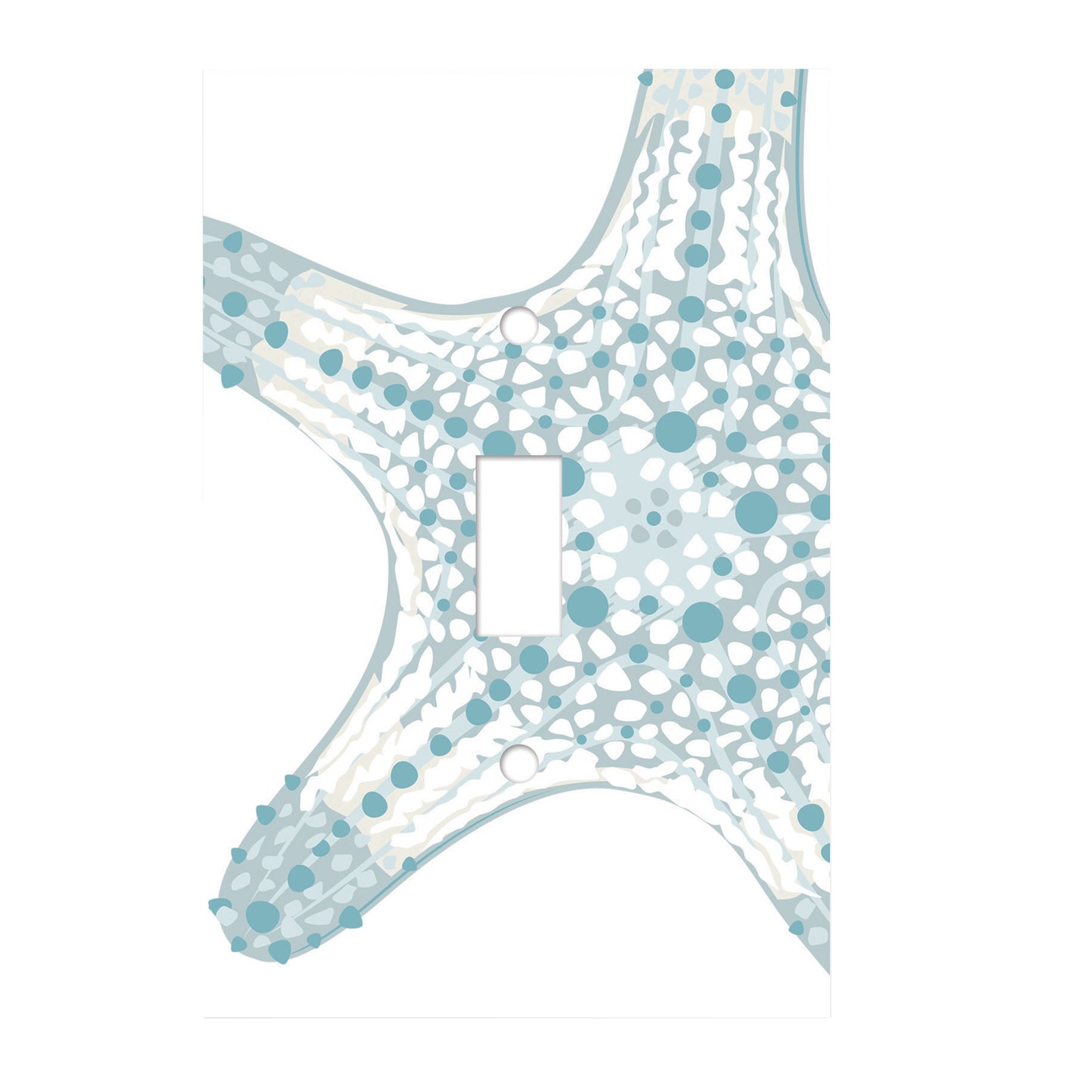 white ceramic single toggle switch plate featuring a teal sea star graphic.