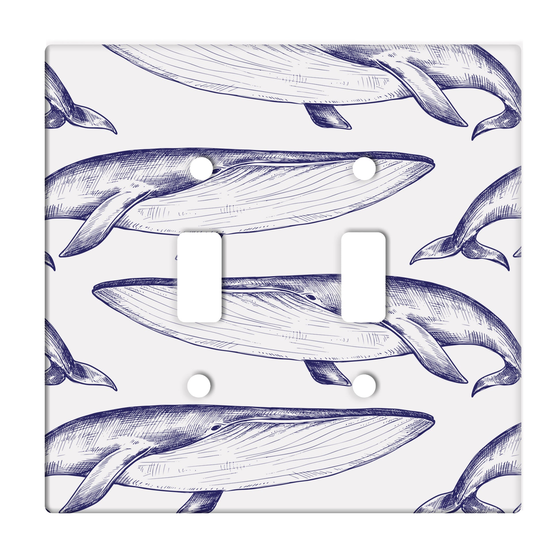 white ceramic double toggle switch plate featuring alternating pattern of navy whales.