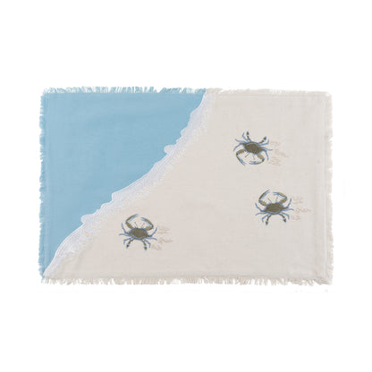 Baby blue crabs embroidered on sand colored ground and blue wave with embroidered sea foam placemat.