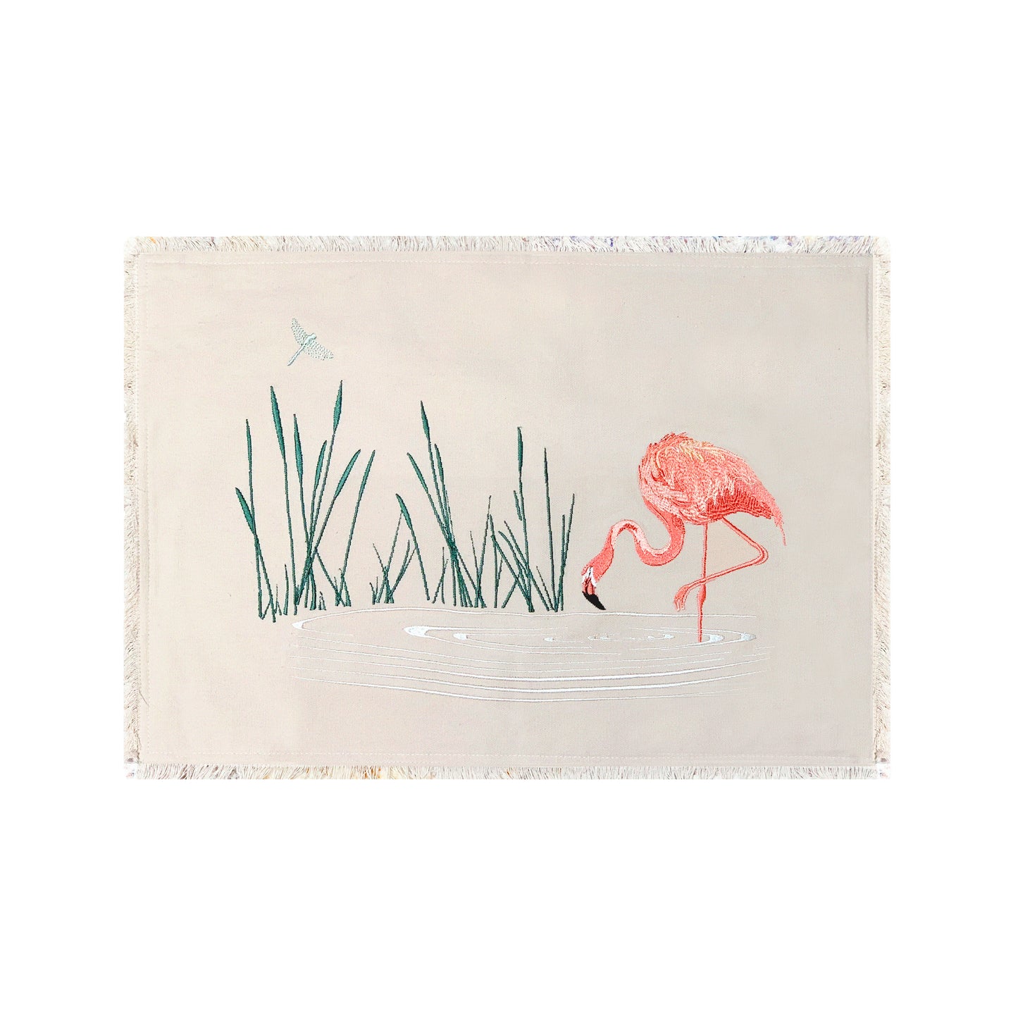 Placemat depicting embroidered Pink Flamingo and Reeds on a tan cotton background with fringe edges.