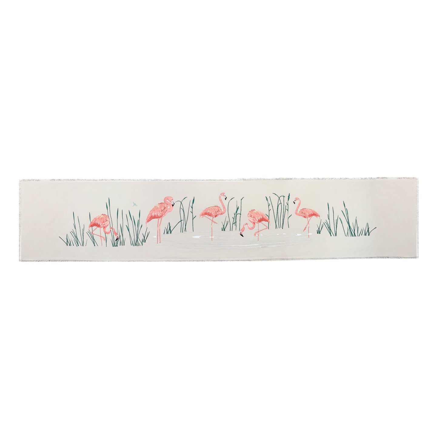 Table Runner depicting embroidered Pink Flamingos and Reeds on a tan cotton background with fringe edges.