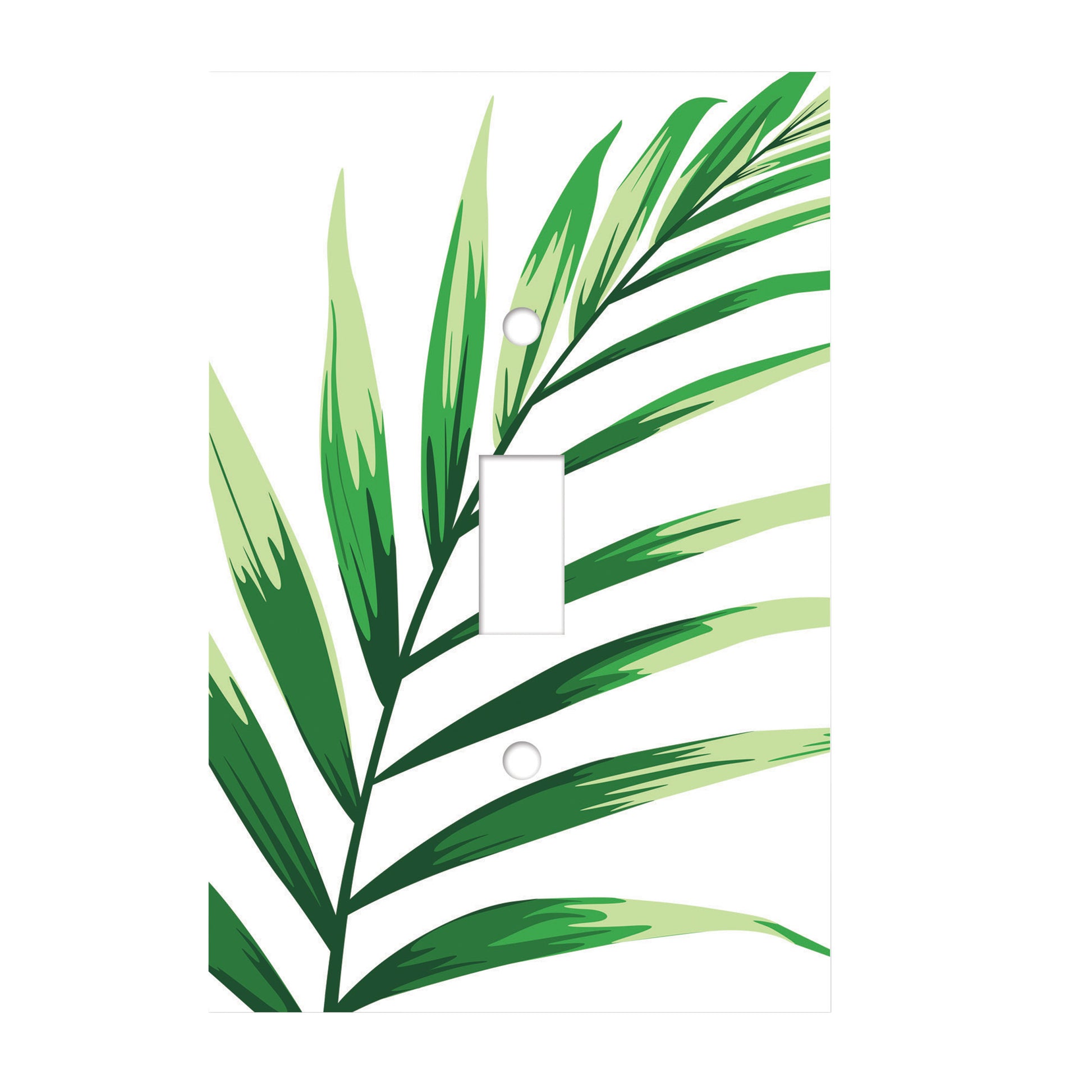 ceramic single toggle switchplate featuring illustration of green arcea palm leaf.