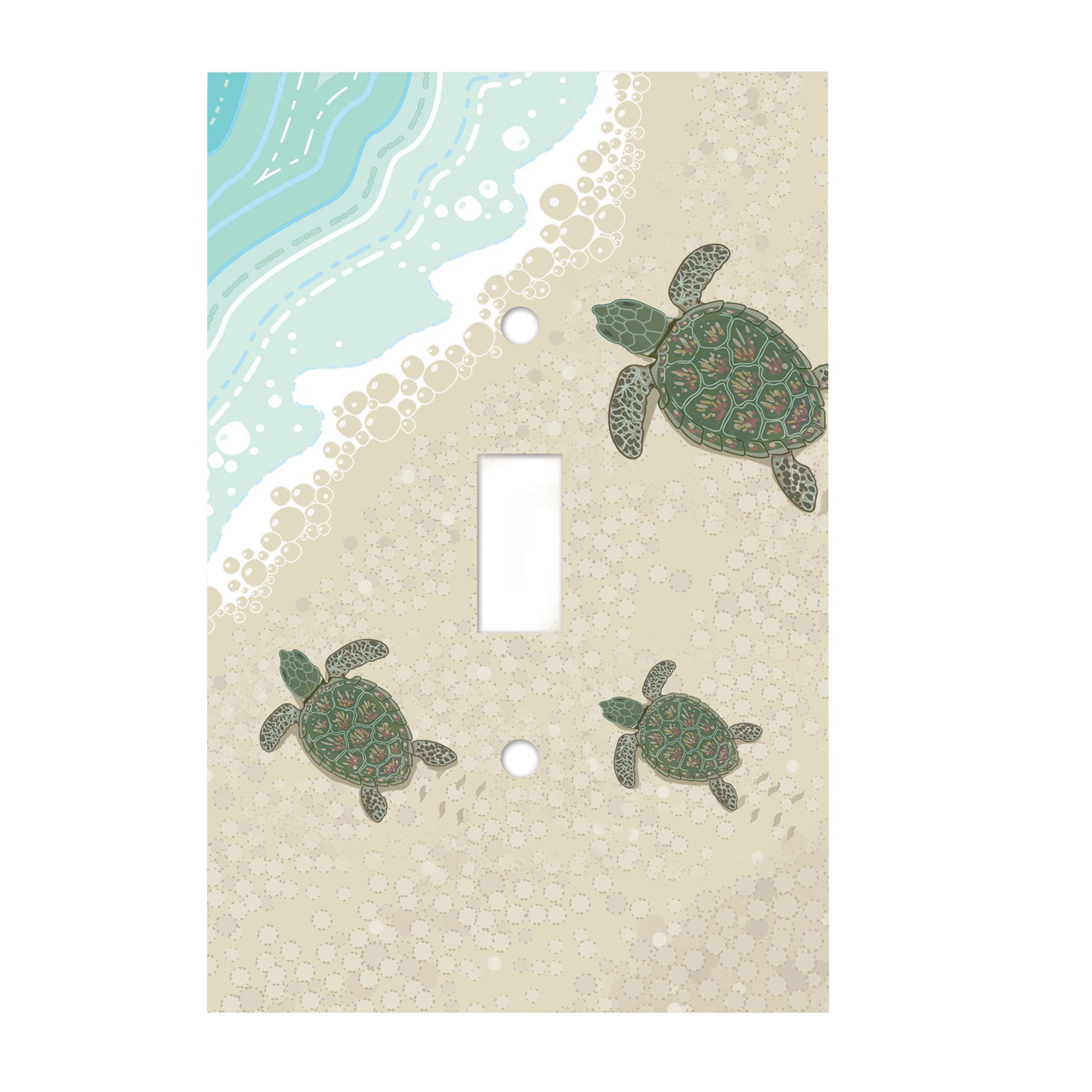 ceramic single toggle switchplate featuring baby turtles moving across sand to ocean. 