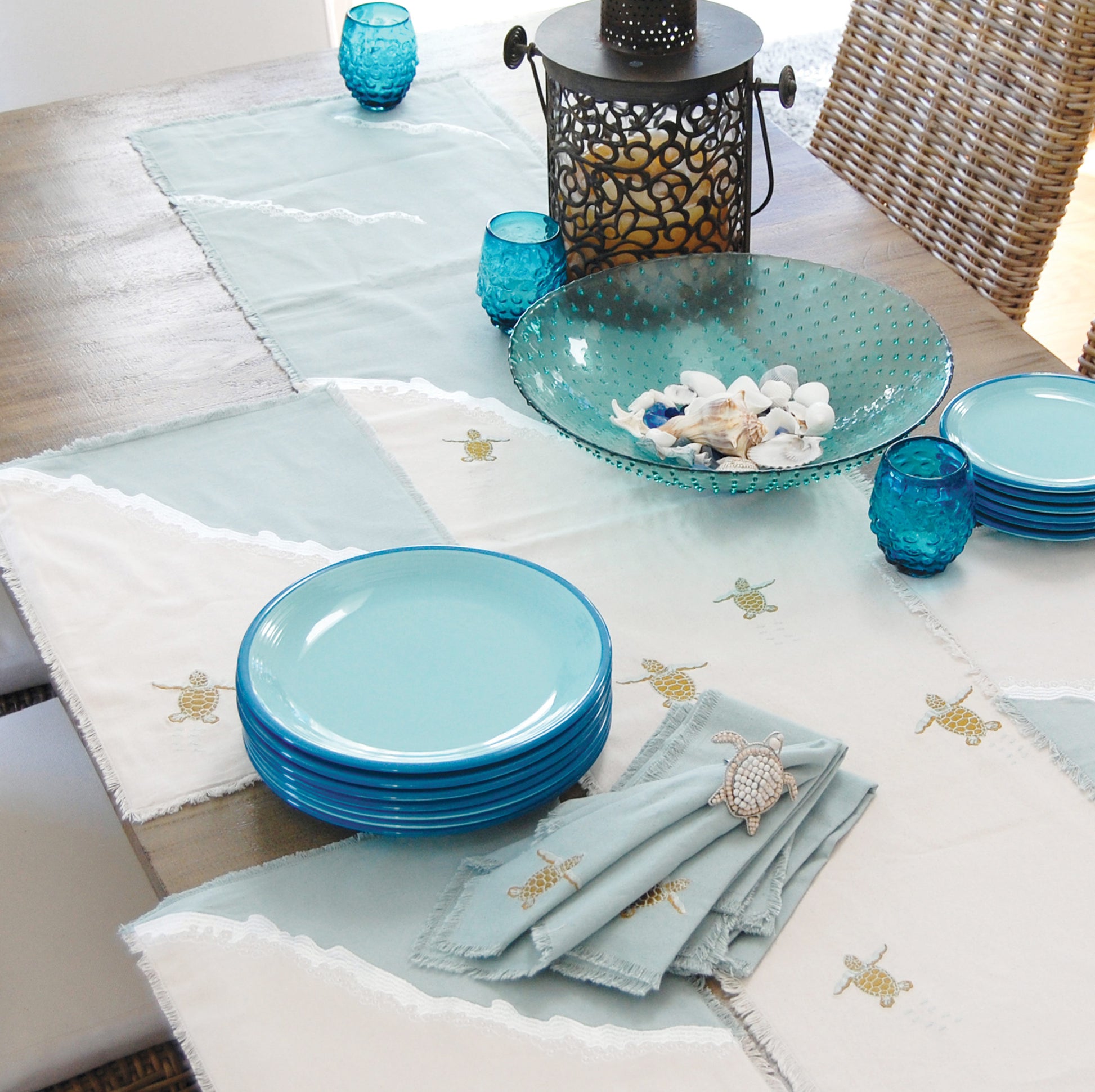 Baby Sea Turtles Embroidered on a Cotton Placemat, Runner, and Napkins. 