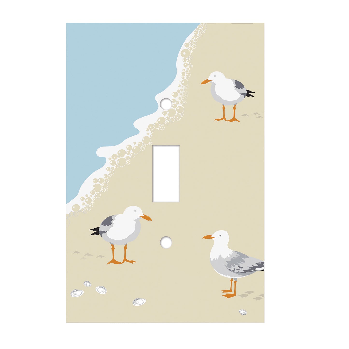 ceramic single toggle switchplate featuring seagulls standing on the beach.