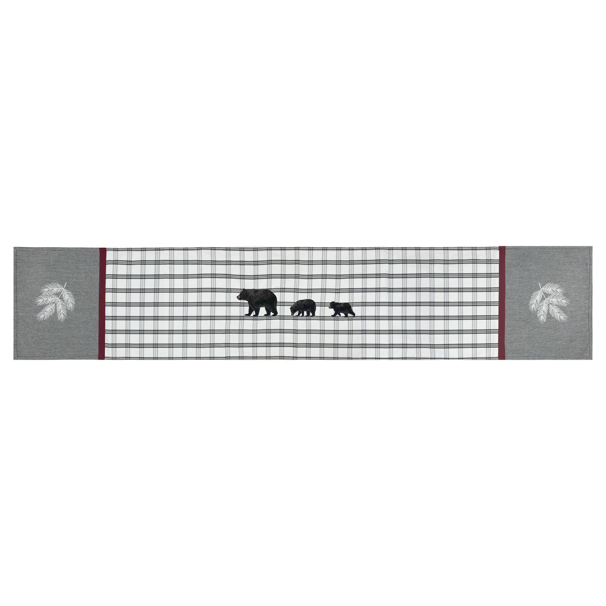 White Runner with grey plaid the middle separated by a red border, grey ends with white pine branches. also featuring 3 black bears in the middle