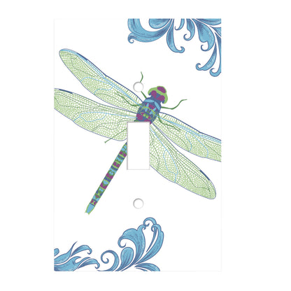 ceramic single toggle switchplate featuring print of blue dragonfly. 