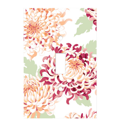ceramic single toggle switch plate featuring illustrative collage of pink and orange chrysanthemum flowers.