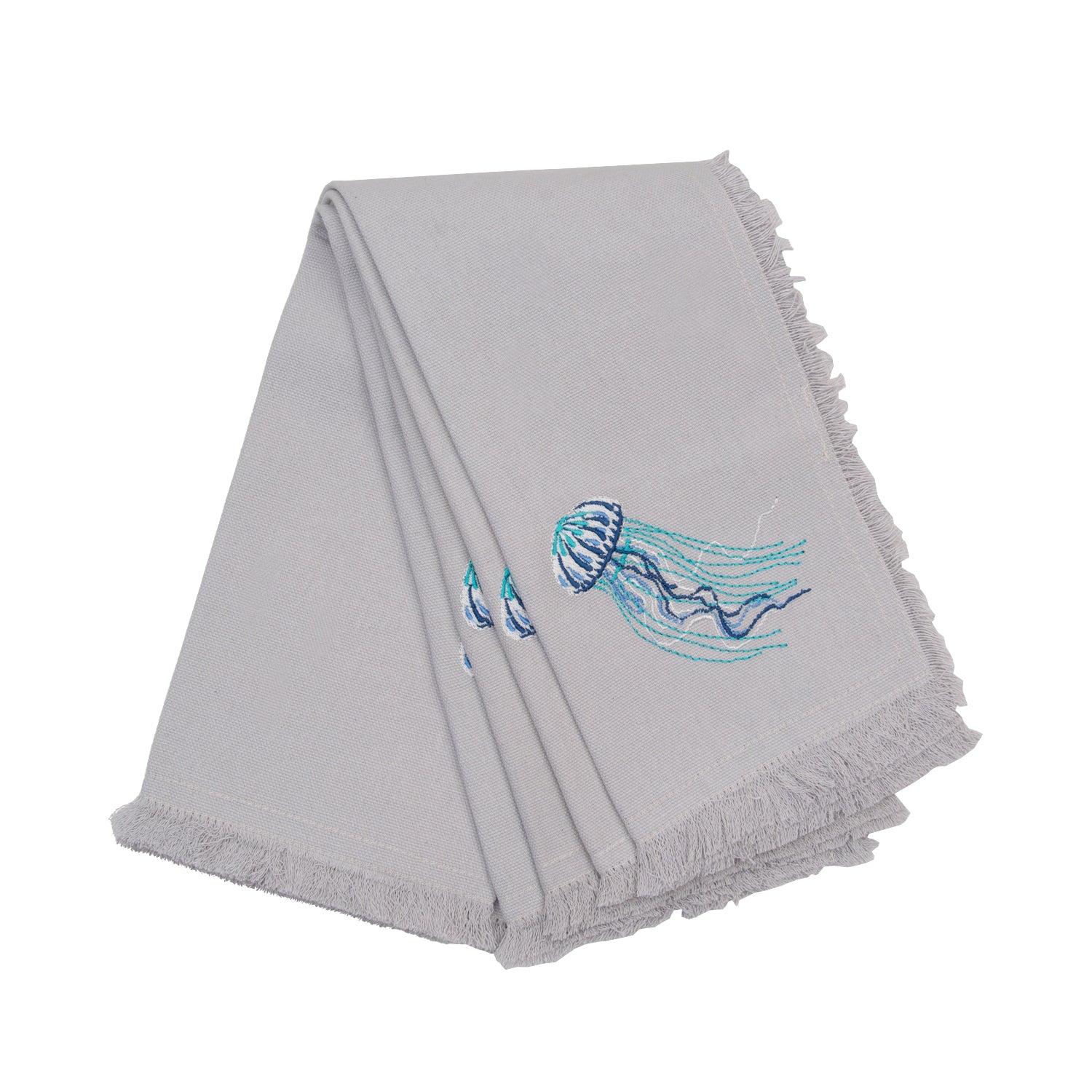 Navy and turquoise jellyfish embroidered on a grey cotton fringed napkin.