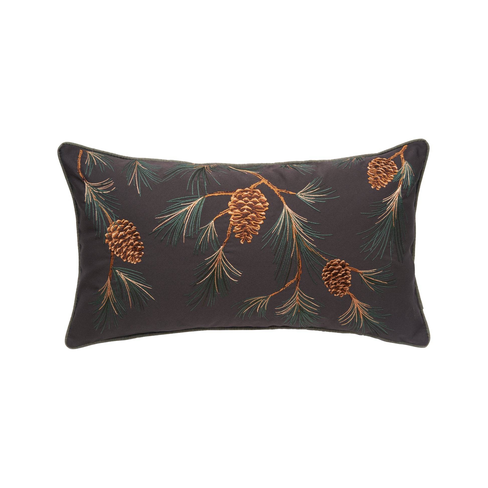 Dark grey will with brown pinecones and branches pattern across the pillow