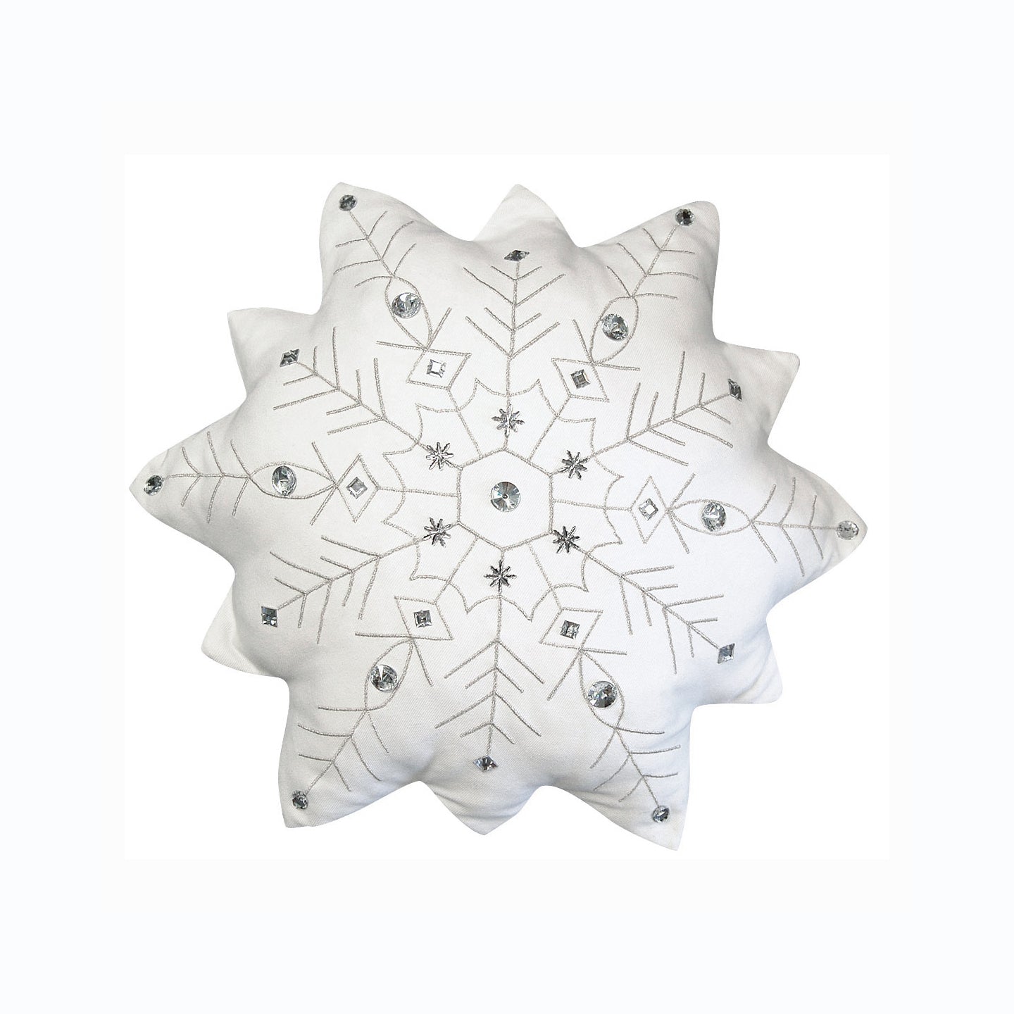 Twelve pointed snowflake pillow featuring silver beading and embroidery.