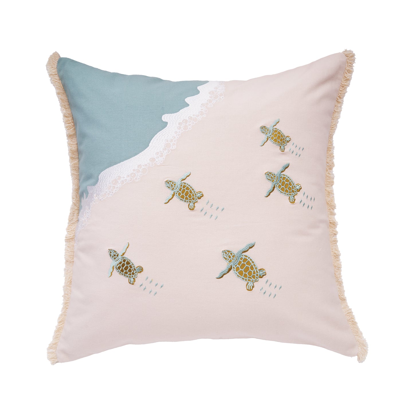 Turtle Migration Embroidered Pillow with Fringed Edges
