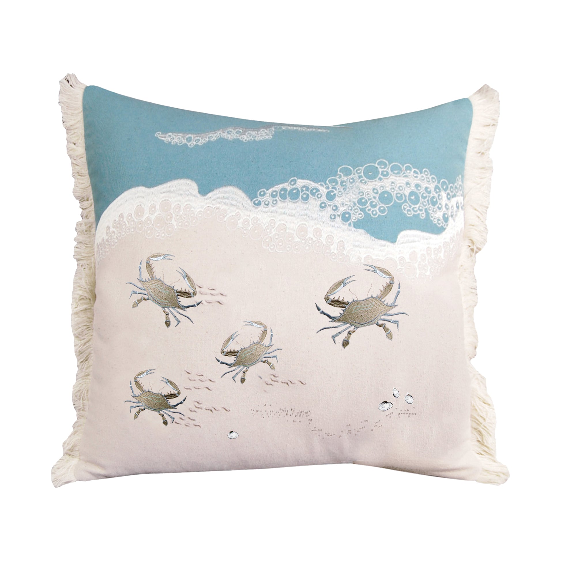 Crab with Waves Embroidered Pillow