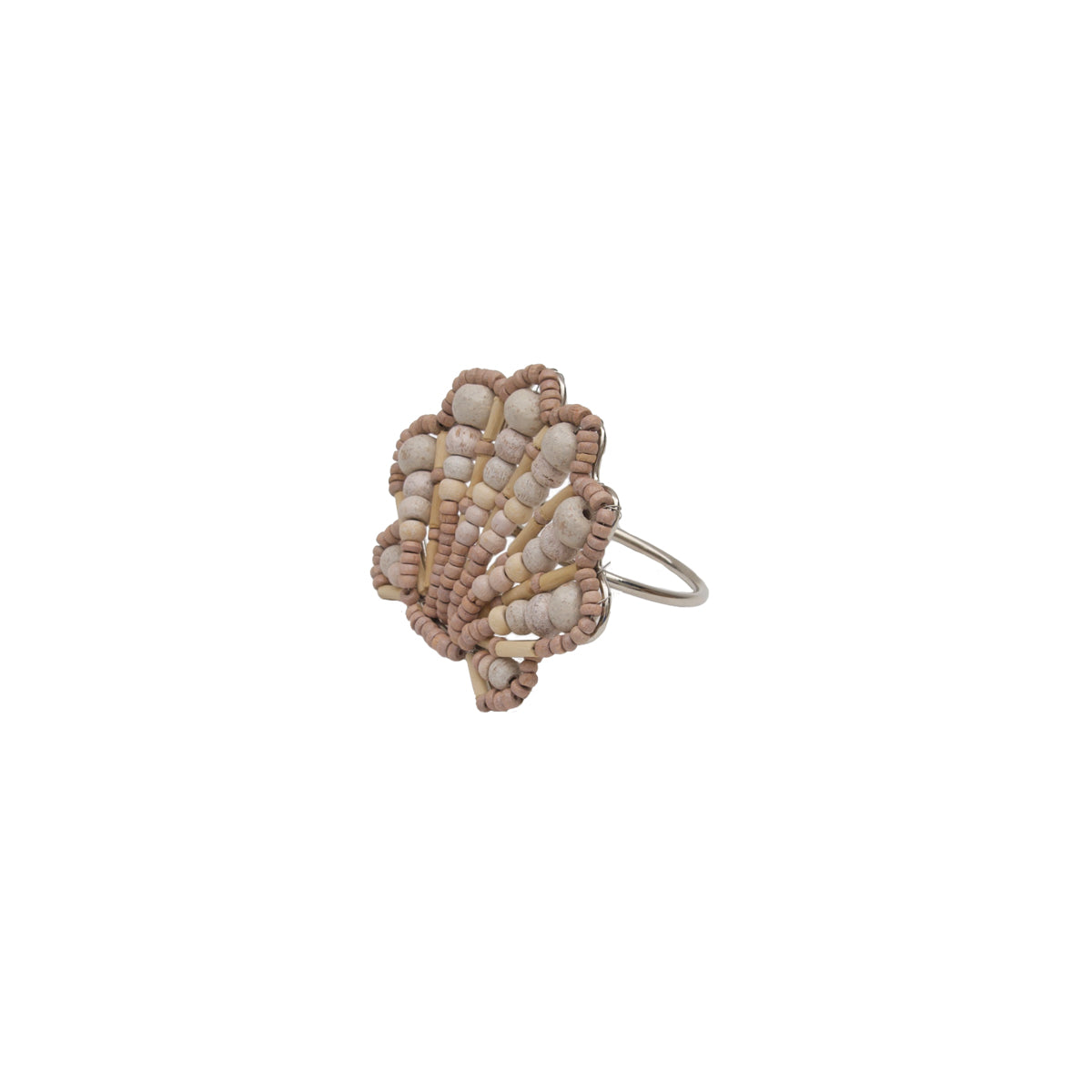 Scallop shell shaped napkin ring crafted of natural wooden beads and metal wire side view.